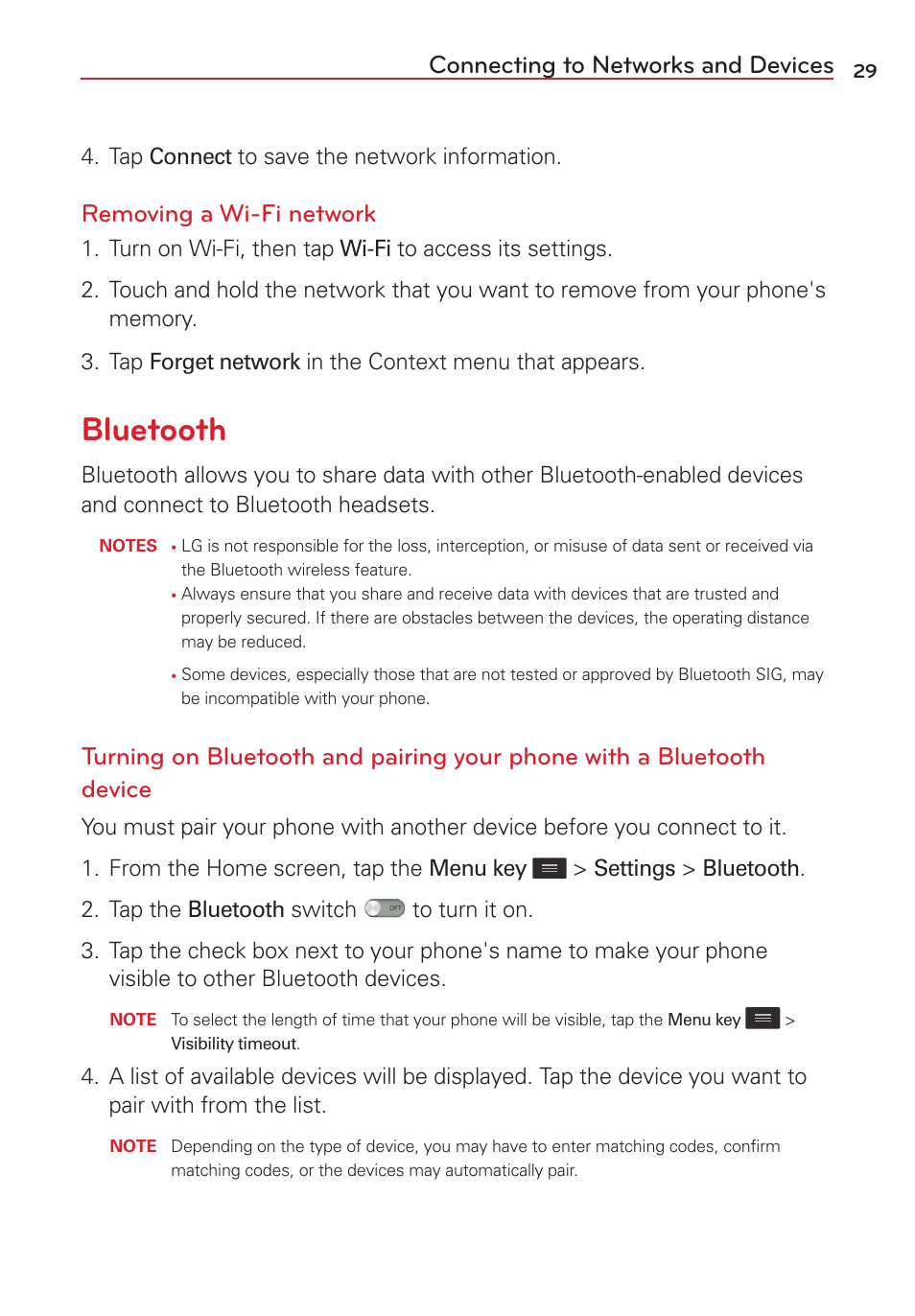 Bluetooth, Connecting to networks and devices, Removing a wi-fi network | LG VS415PP User Manual | Page 31 / 133