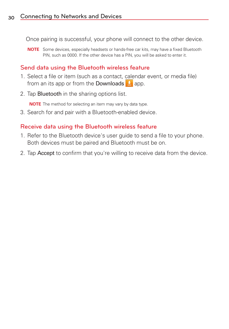 Connecting to networks and devices, Send data using the bluetooth wireless feature, Receive data using the bluetooth wireless feature | LG VS415PP User Manual | Page 32 / 133