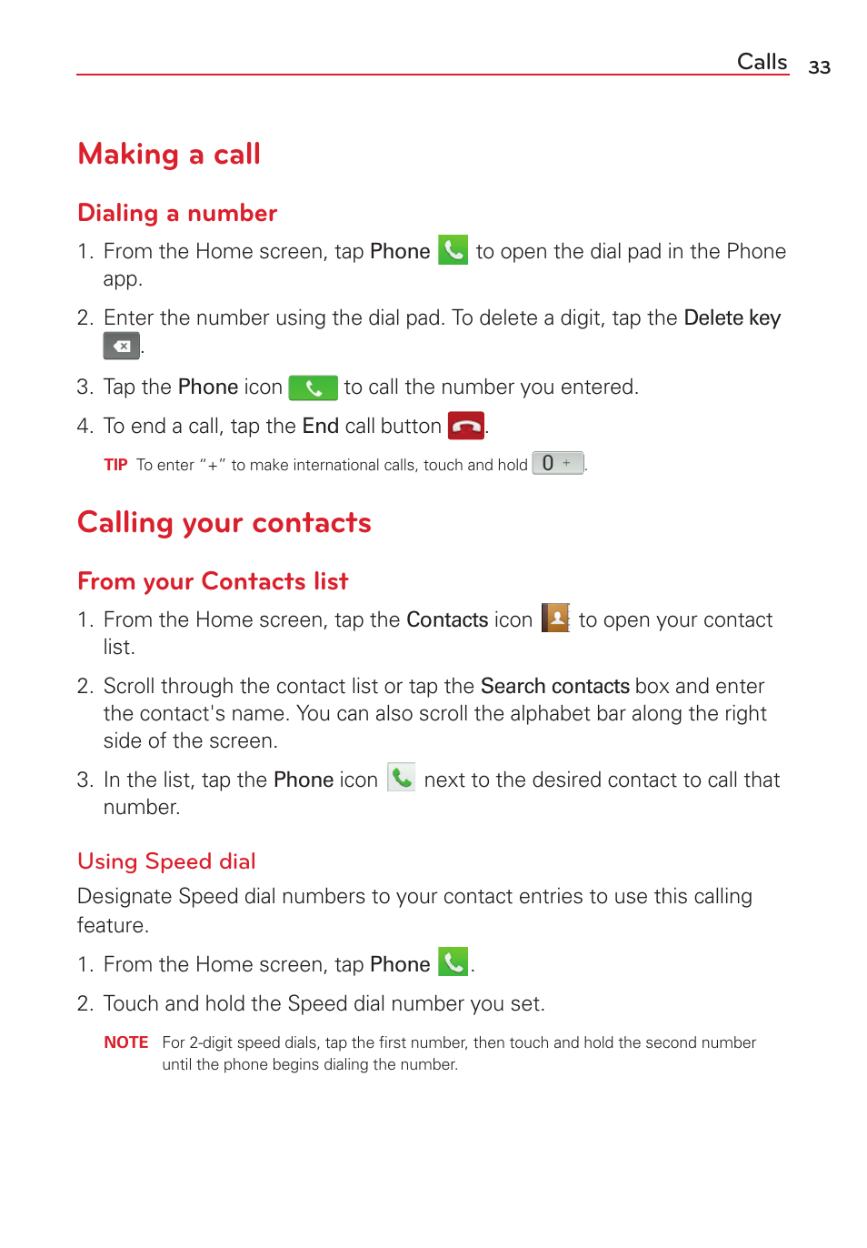 Calls, Making a call, Calling your contacts | Making a call calling your contacts, Dialing a number | LG VS415PP User Manual | Page 35 / 133