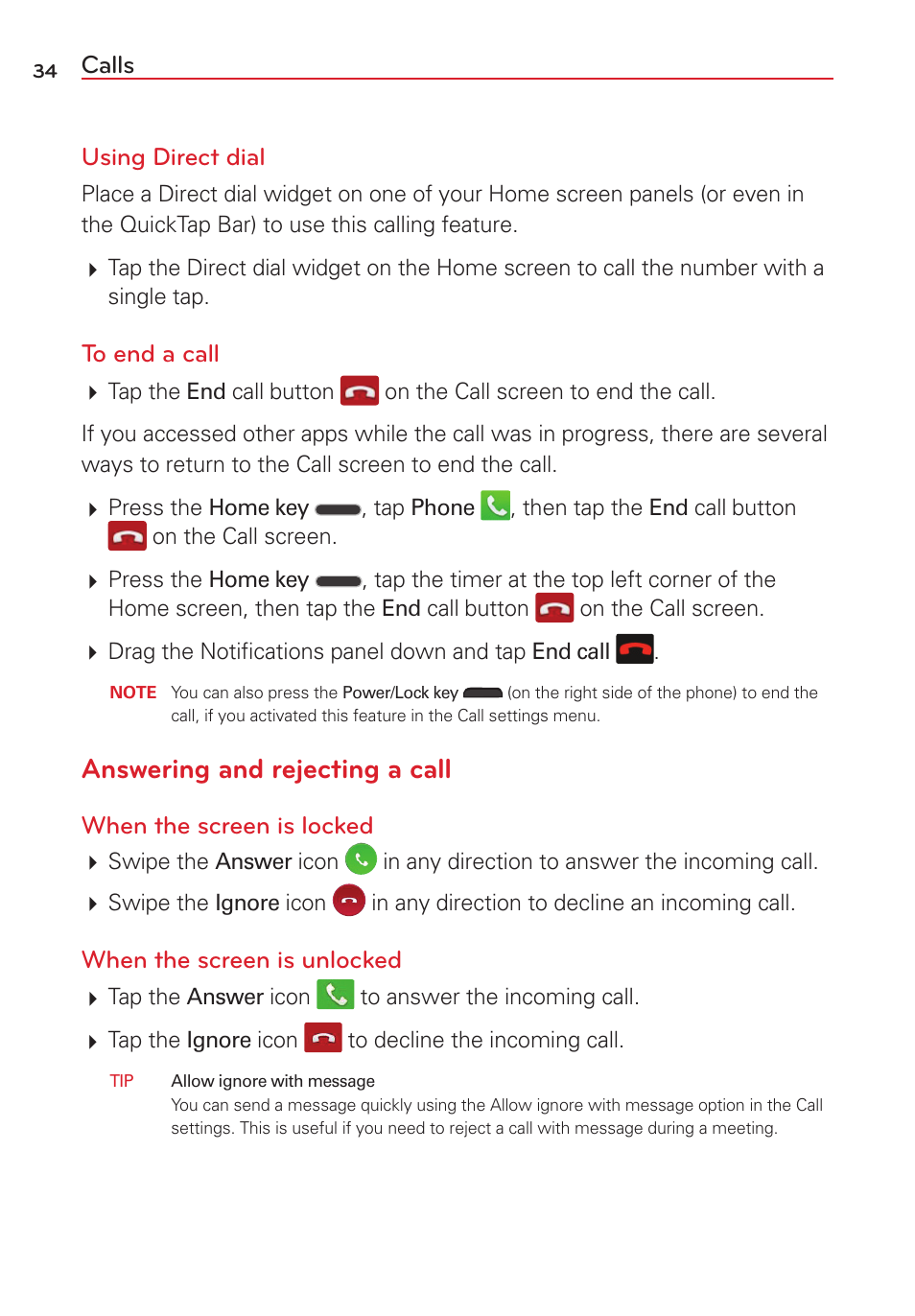 Answering and rejecting a call, Calls using direct dial, When the screen is locked | When the screen is unlocked | LG VS415PP User Manual | Page 36 / 133