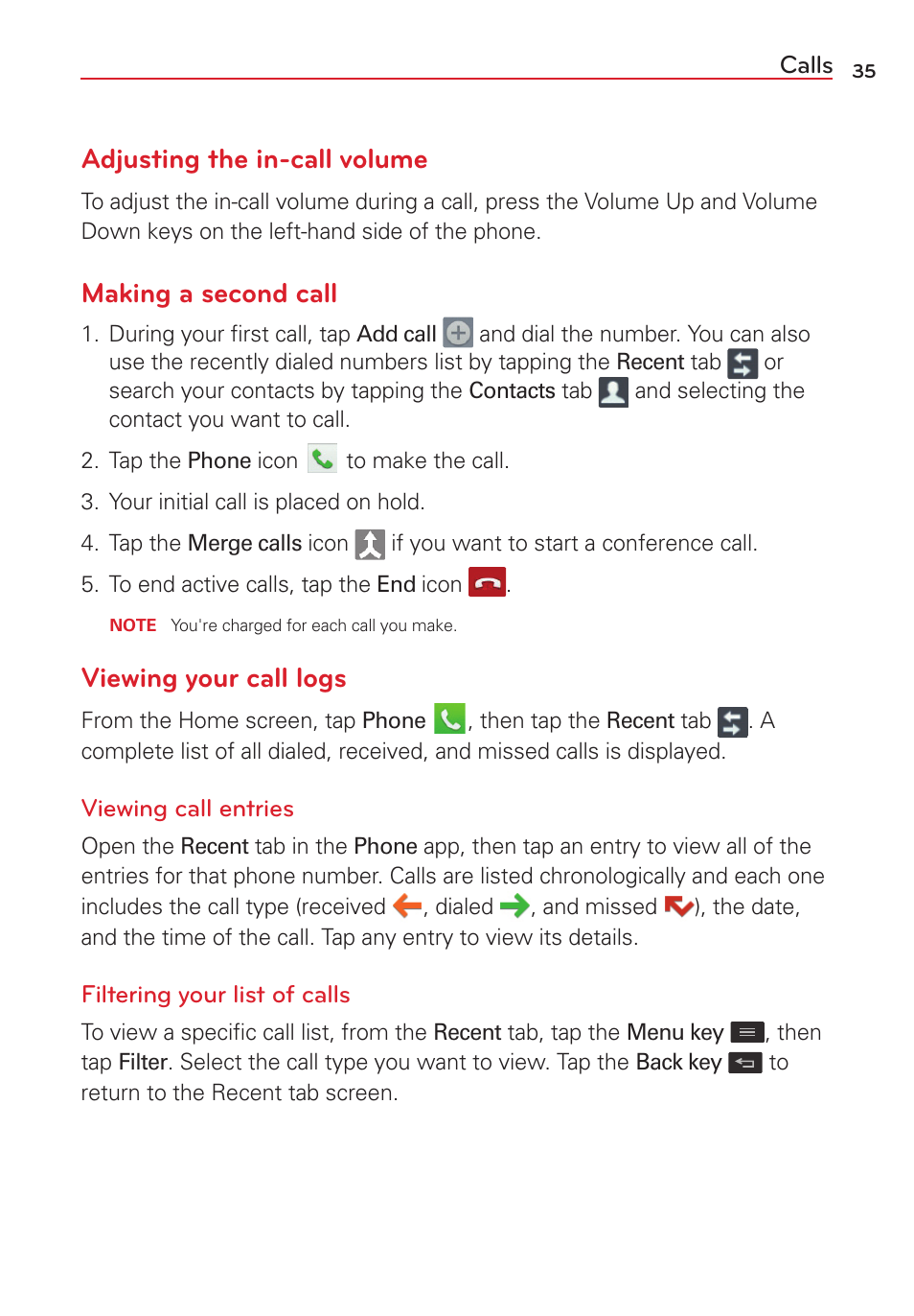 Adjusting the in-call volume, Making a second call, Viewing your call logs | LG VS415PP User Manual | Page 37 / 133