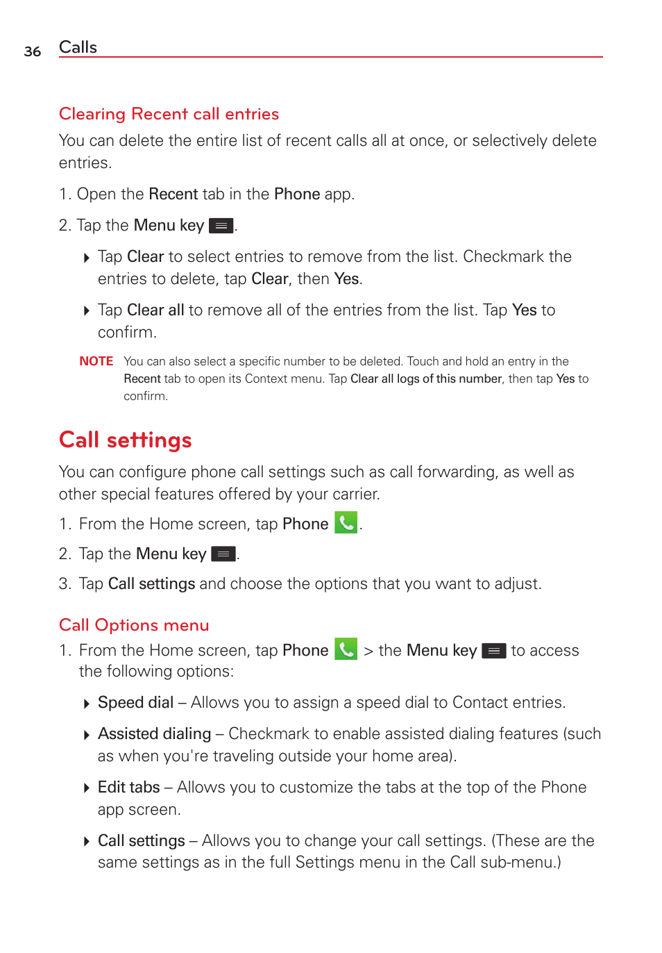 Call settings | LG VS415PP User Manual | Page 38 / 133