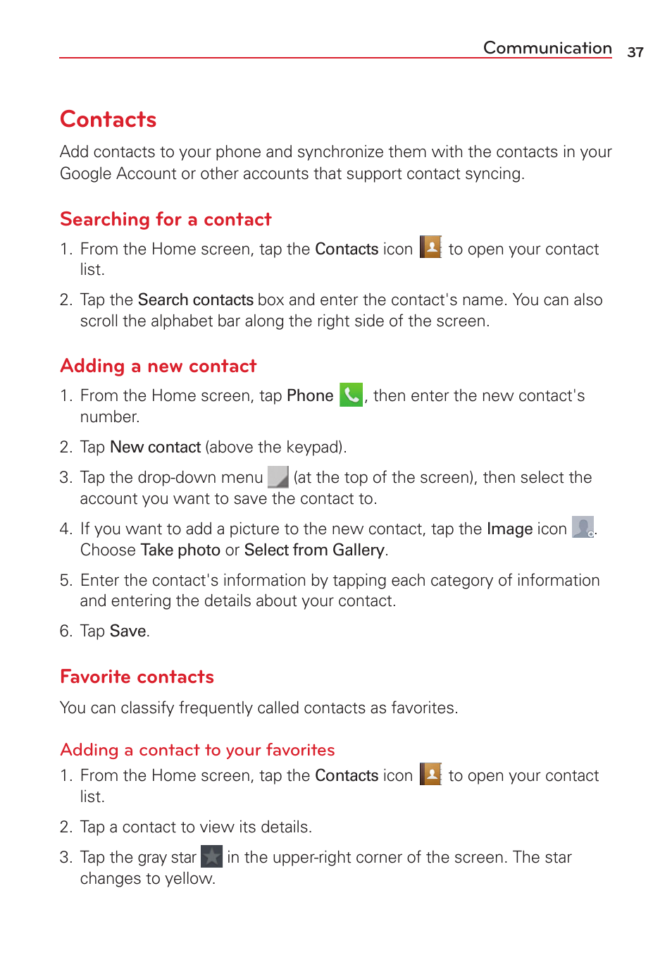 Communication, Contacts, Searching for a contact | Adding a new contact, Favorite contacts | LG VS415PP User Manual | Page 39 / 133