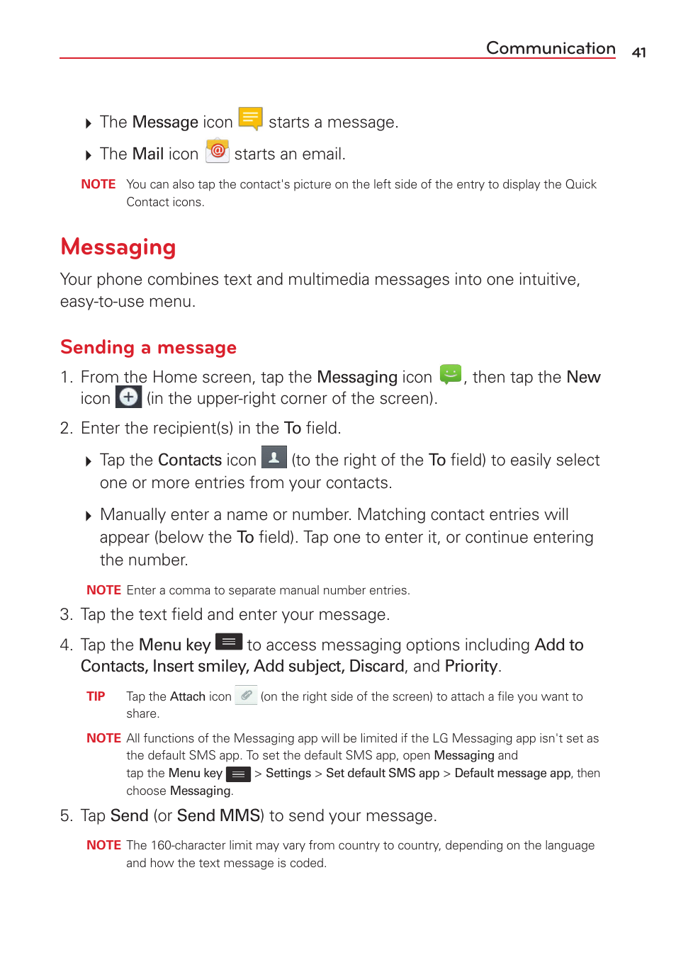 Messaging, Sending a message, Communication | LG VS415PP User Manual | Page 43 / 133