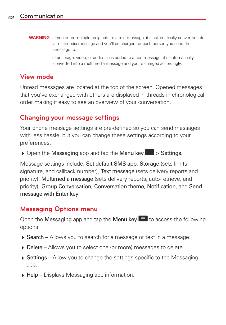 View mode, Changing your message settings, Messaging options menu | Communication | LG VS415PP User Manual | Page 44 / 133