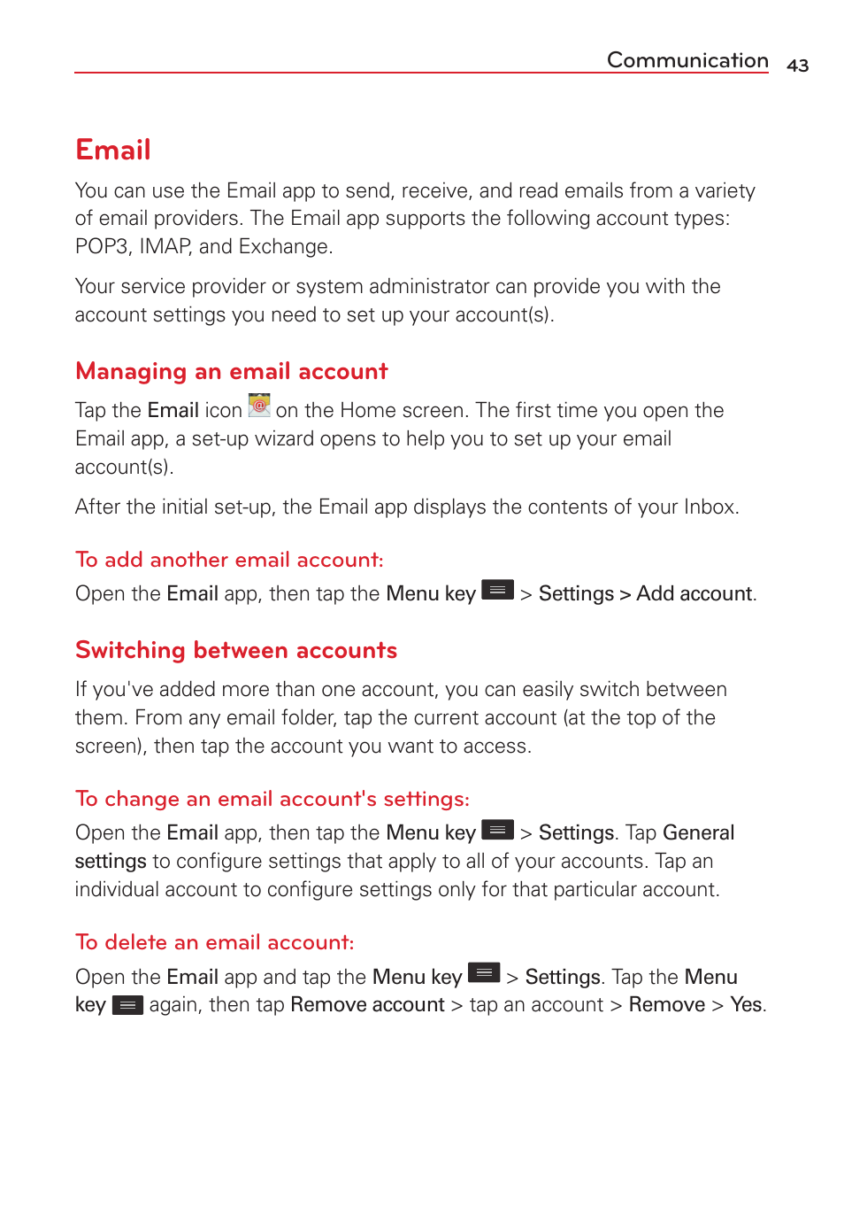 Email, Managing an email account, Switching between accounts | LG VS415PP User Manual | Page 45 / 133