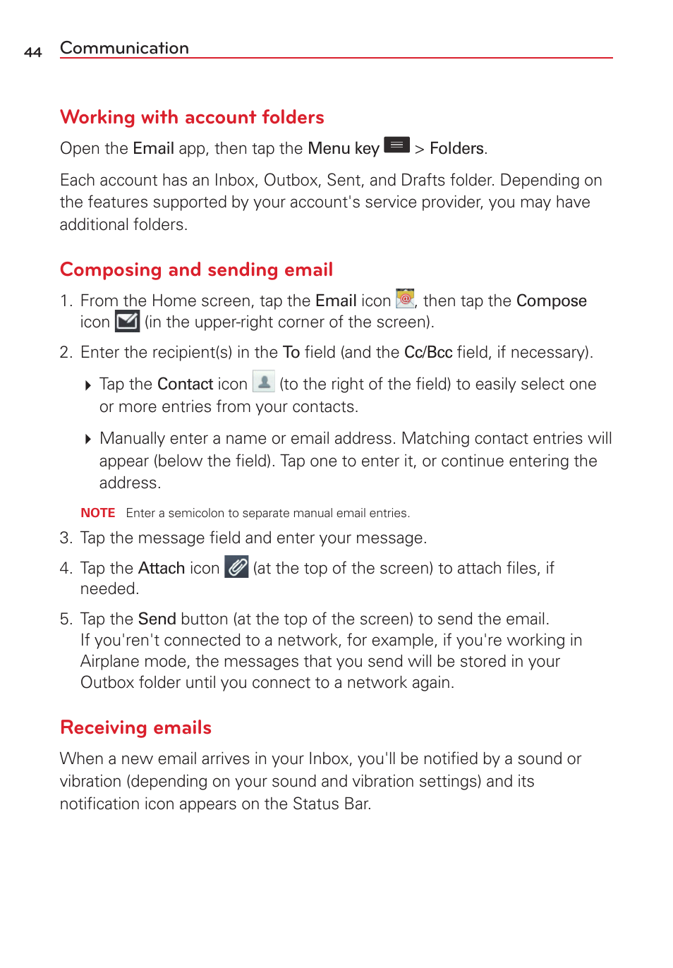 Working with account folders, Composing and sending email, Receiving emails | LG VS415PP User Manual | Page 46 / 133