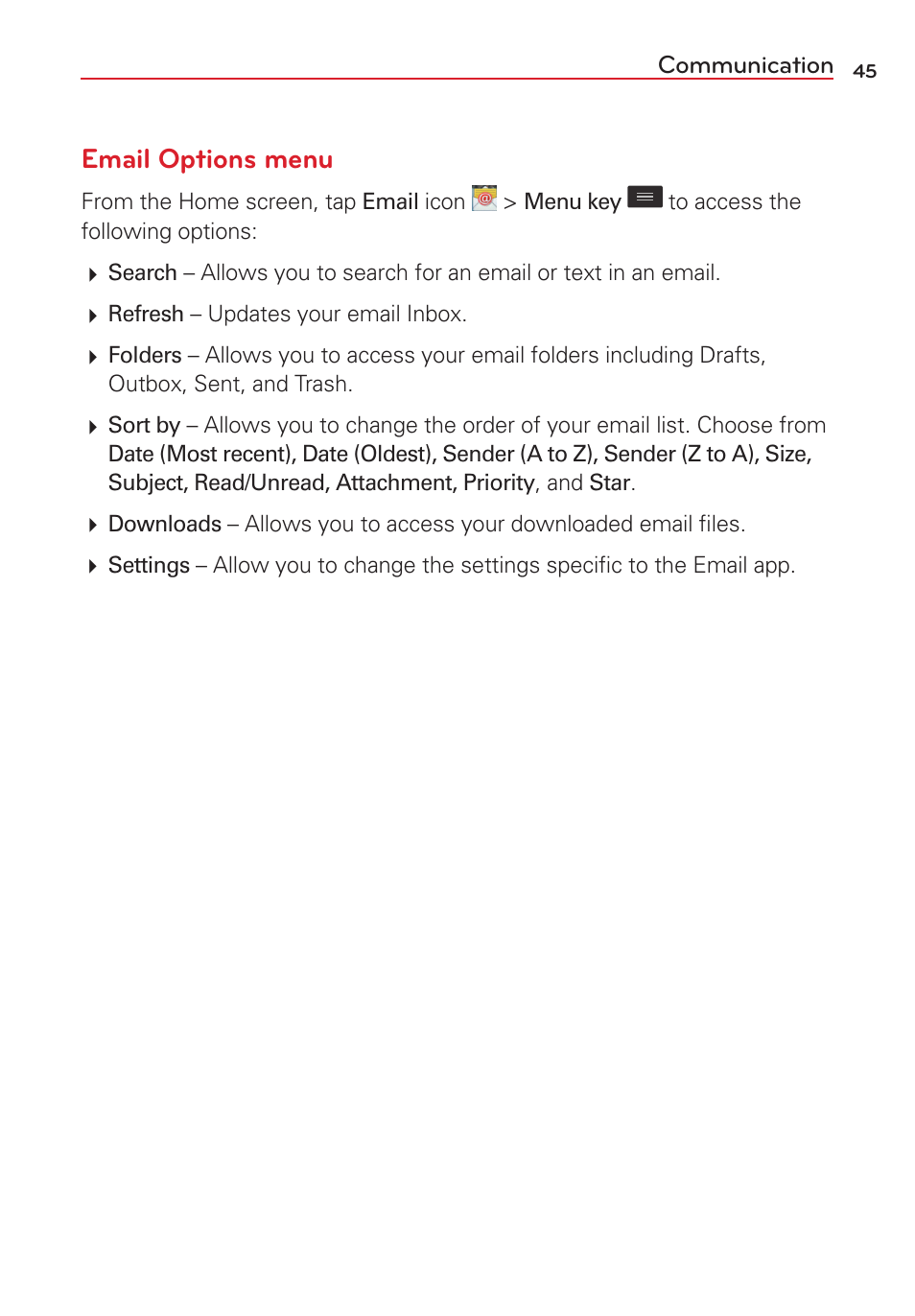 Email options menu | LG VS415PP User Manual | Page 47 / 133