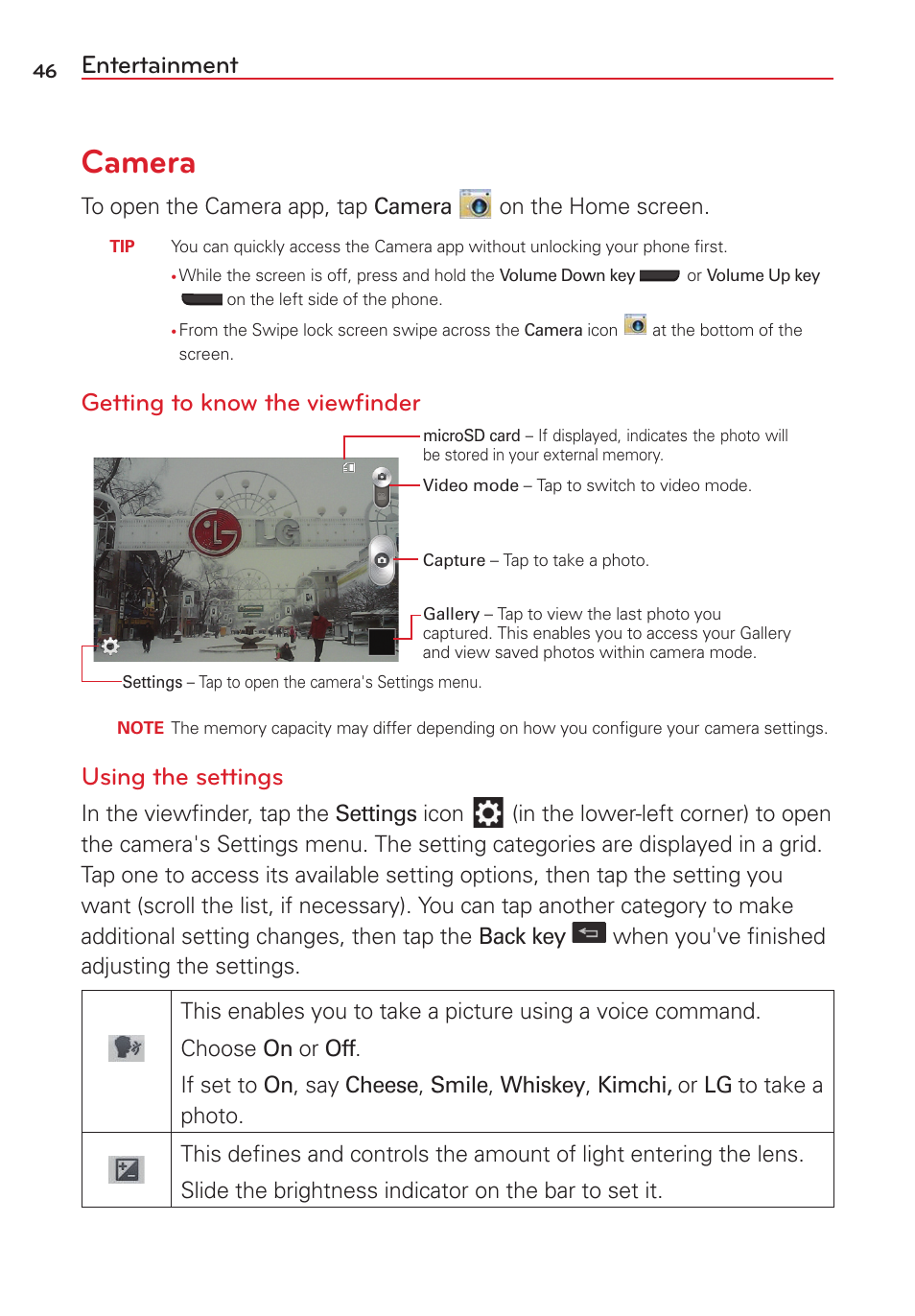 Entertainment, Camera, Getting to know the viewﬁnder | Using the settings | LG VS415PP User Manual | Page 48 / 133