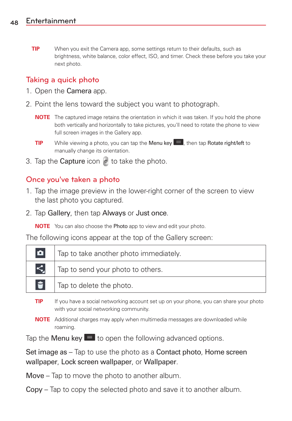Entertainment, Taking a quick photo, Once you've taken a photo | LG VS415PP User Manual | Page 50 / 133