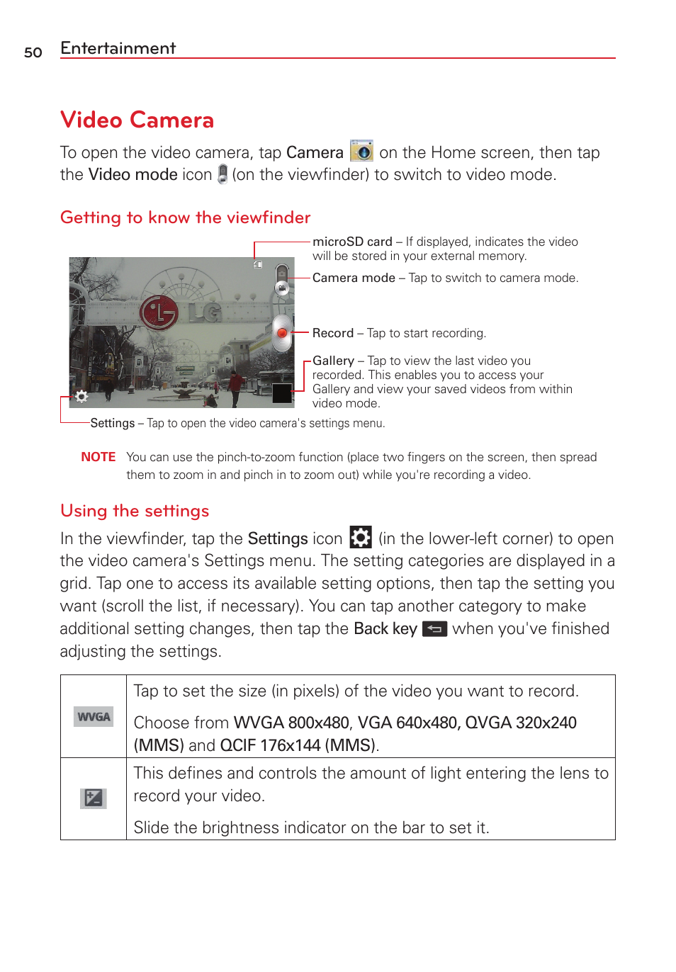 Video camera, Entertainment, Getting to know the viewﬁnder | Using the settings | LG VS415PP User Manual | Page 52 / 133