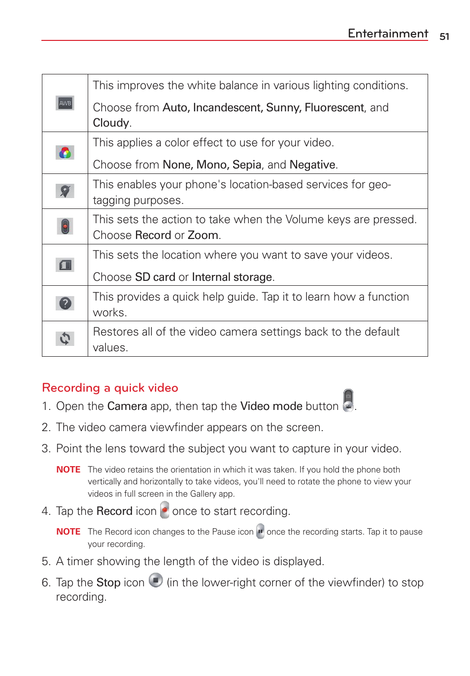 Entertainment, Recording a quick video | LG VS415PP User Manual | Page 53 / 133