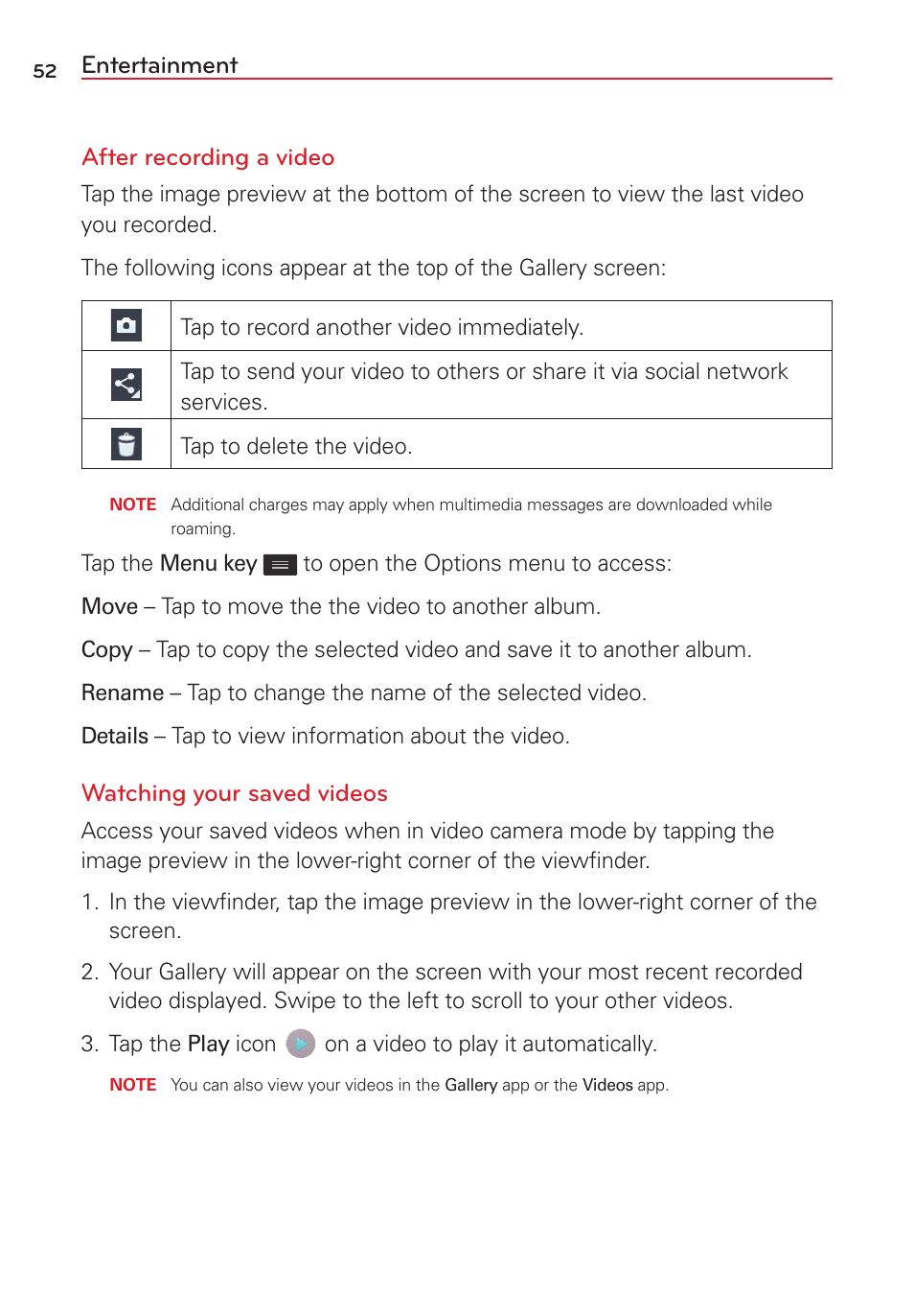 Entertainment after recording a video, Watching your saved videos | LG VS415PP User Manual | Page 54 / 133