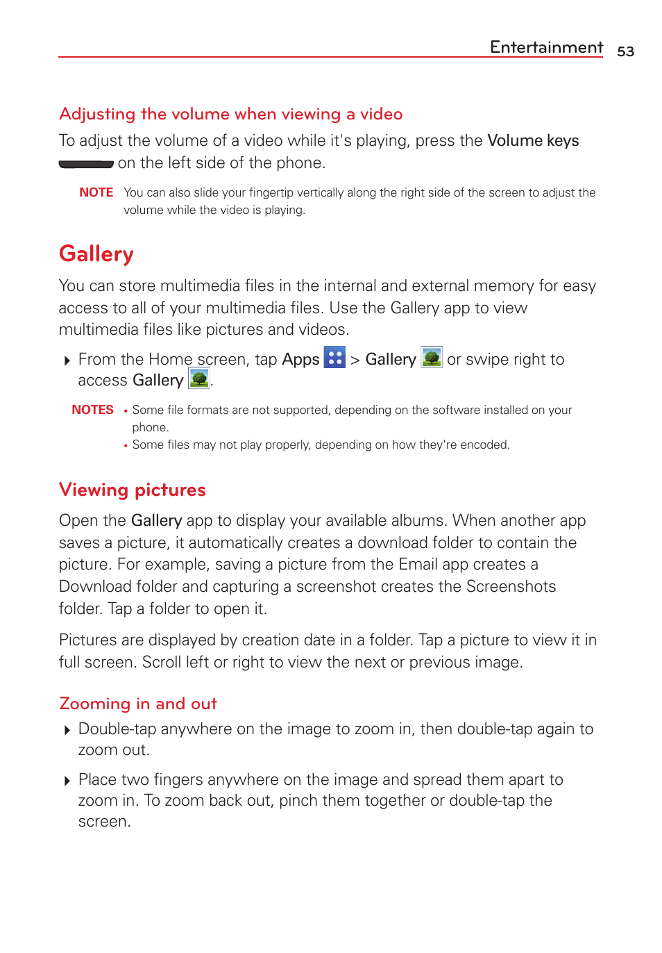 Gallery, Viewing pictures, Zooming in and out | LG VS415PP User Manual | Page 55 / 133