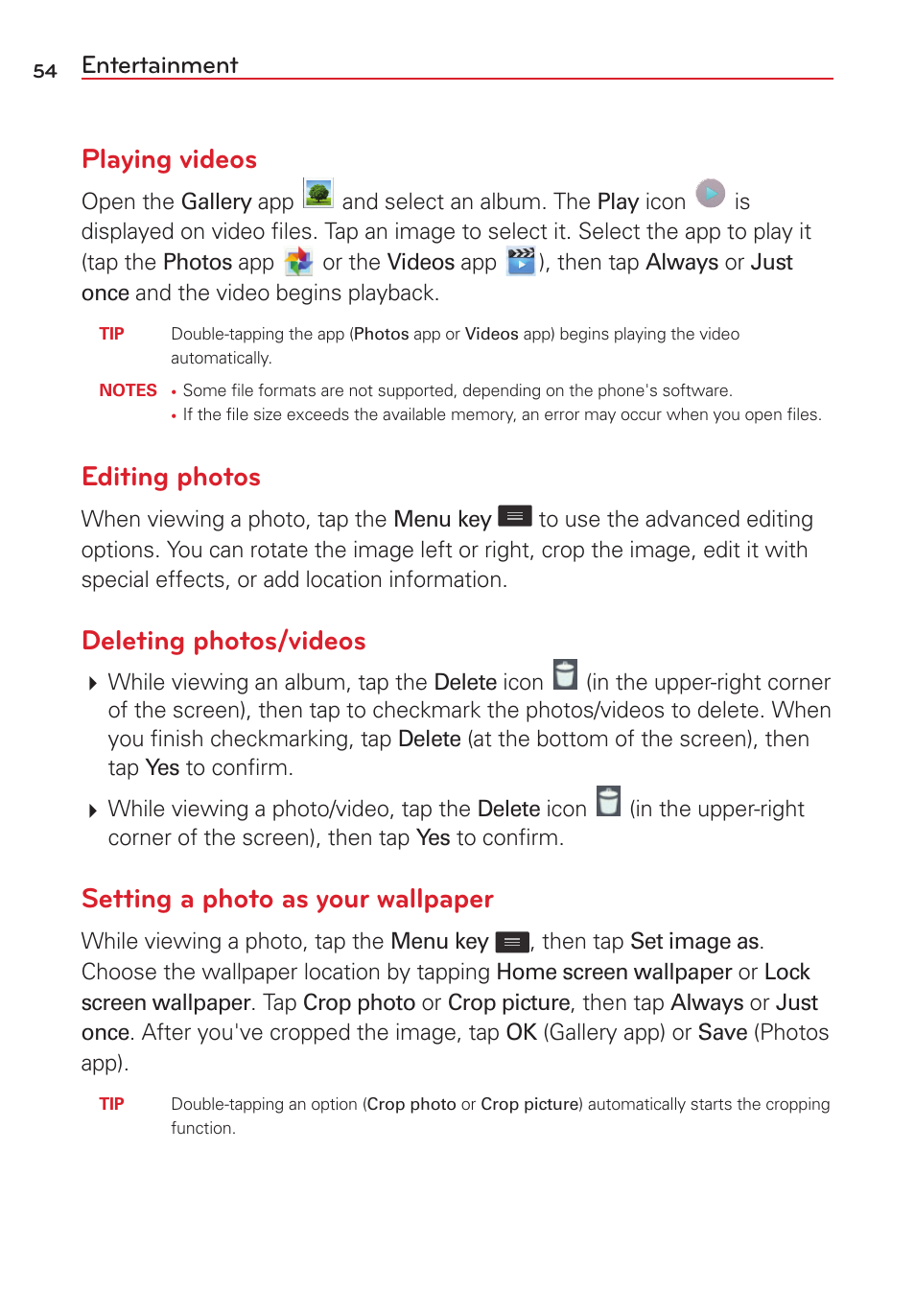 Playing videos, Editing photos, Deleting photos/videos | Setting a photo as your wallpaper, Entertainment | LG VS415PP User Manual | Page 56 / 133