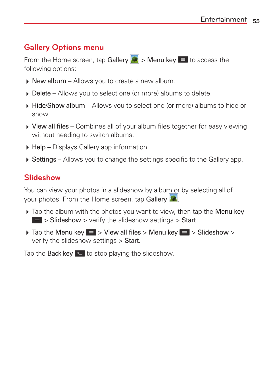 Gallery options menu, Slideshow | LG VS415PP User Manual | Page 57 / 133