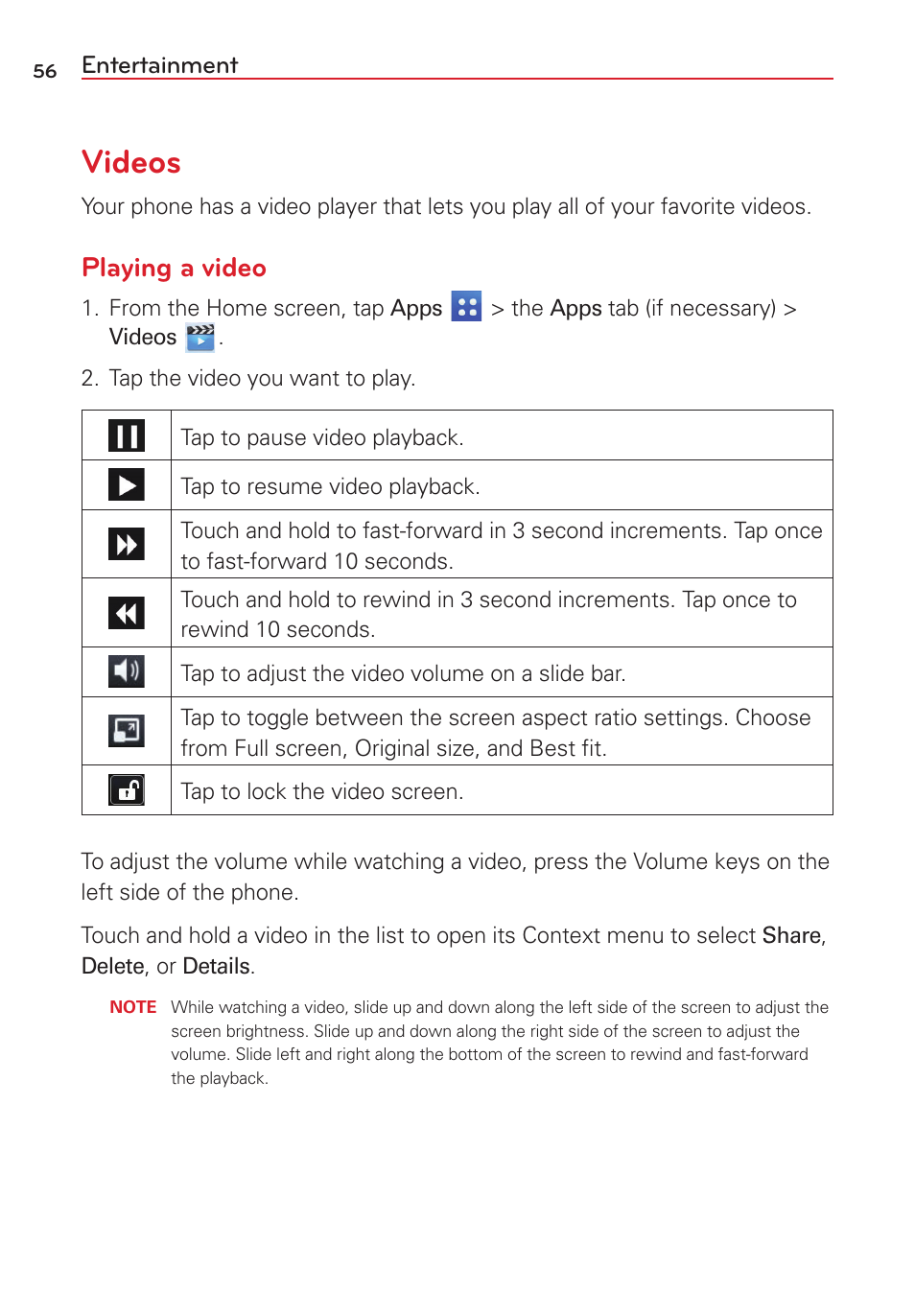 Videos, Playing a video | LG VS415PP User Manual | Page 58 / 133