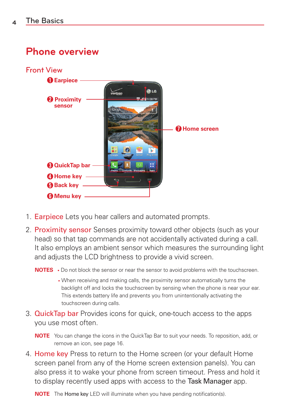 The basics, Phone overview, Front view | LG VS415PP User Manual | Page 6 / 133