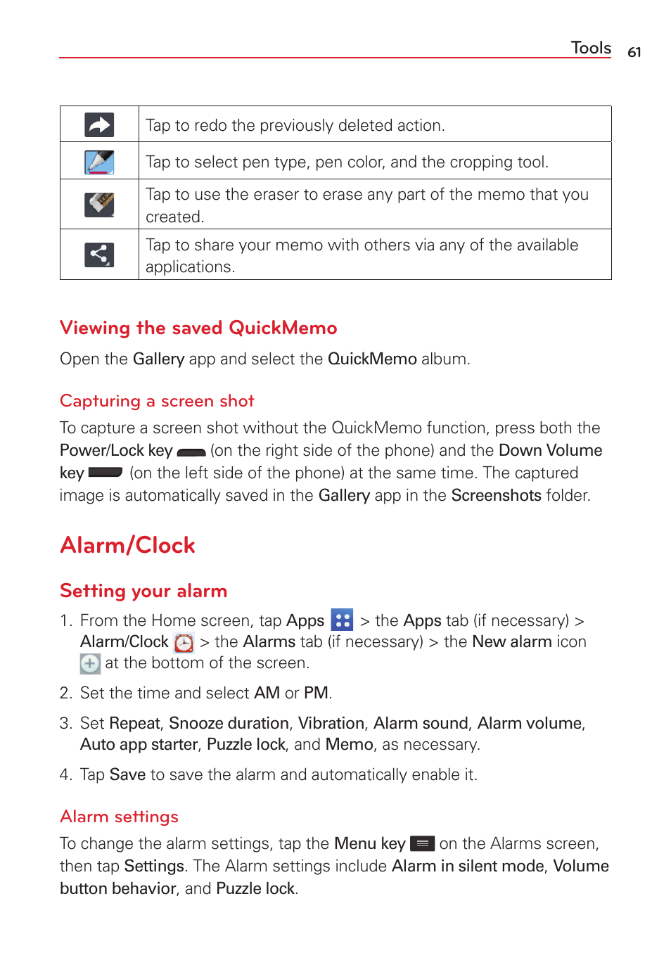 Alarm/clock, Setting your alarm | LG VS415PP User Manual | Page 63 / 133