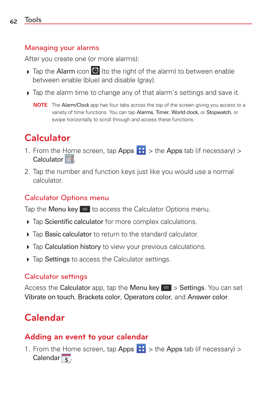 Calculator, Calendar, Calculator calendar | Adding an event to your calendar | LG VS415PP User Manual | Page 64 / 133