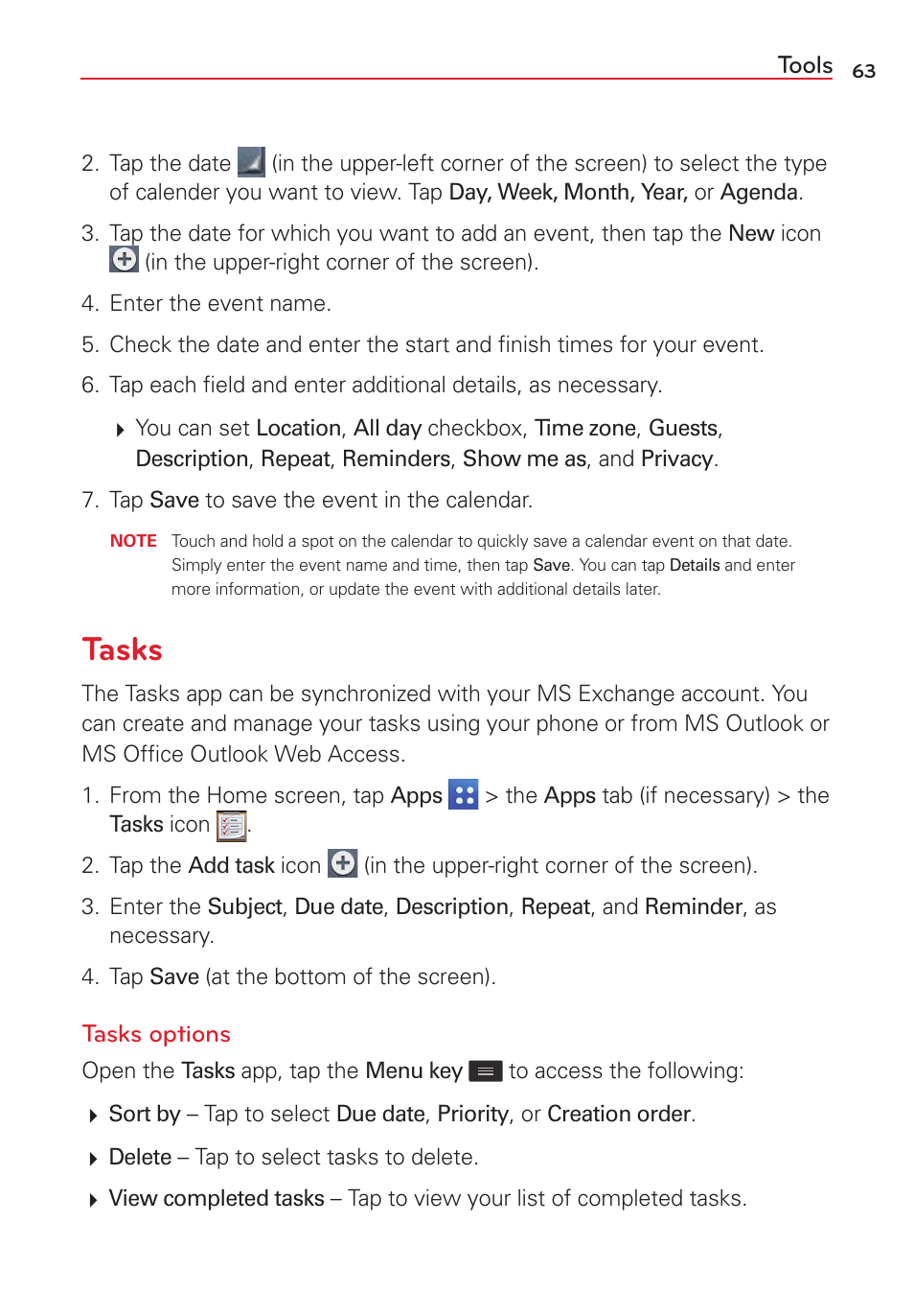 Tasks | LG VS415PP User Manual | Page 65 / 133