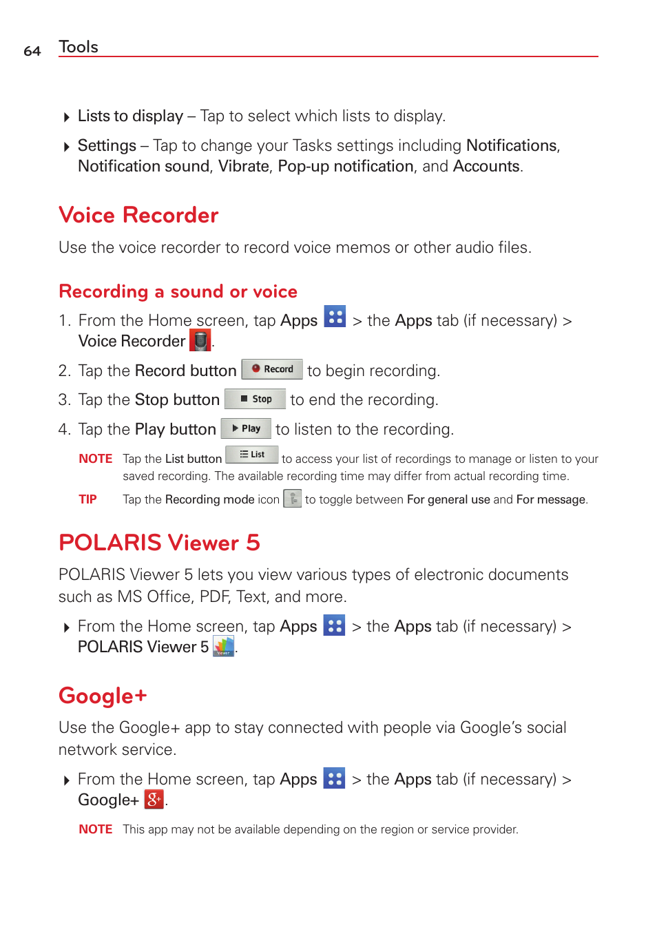 Voice recorder, Polaris viewer 5, Google | Voice recorder polaris viewer 5 google, Recording a sound or voice | LG VS415PP User Manual | Page 66 / 133