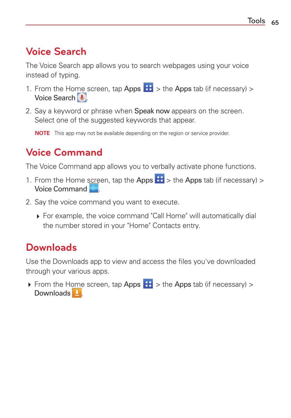 Voice search, Voice command, Downloads | Voice search voice command downloads | LG VS415PP User Manual | Page 67 / 133