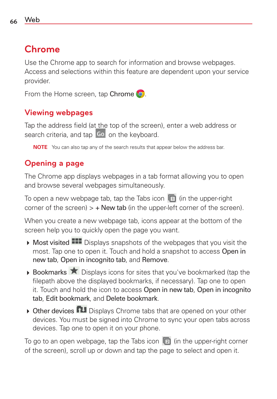 Chrome, Viewing webpages, Opening a page | LG VS415PP User Manual | Page 68 / 133