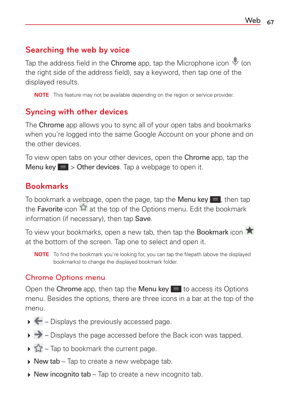 Searching the web by voice, Syncing with other devices, Bookmarks | LG VS415PP User Manual | Page 69 / 133