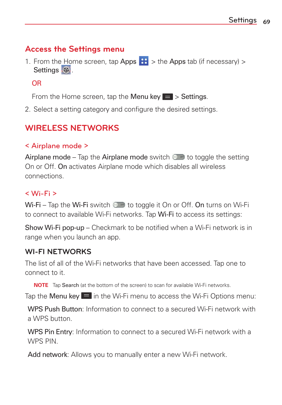 Settings, Access the settings menu, Wireless networks | LG VS415PP User Manual | Page 71 / 133