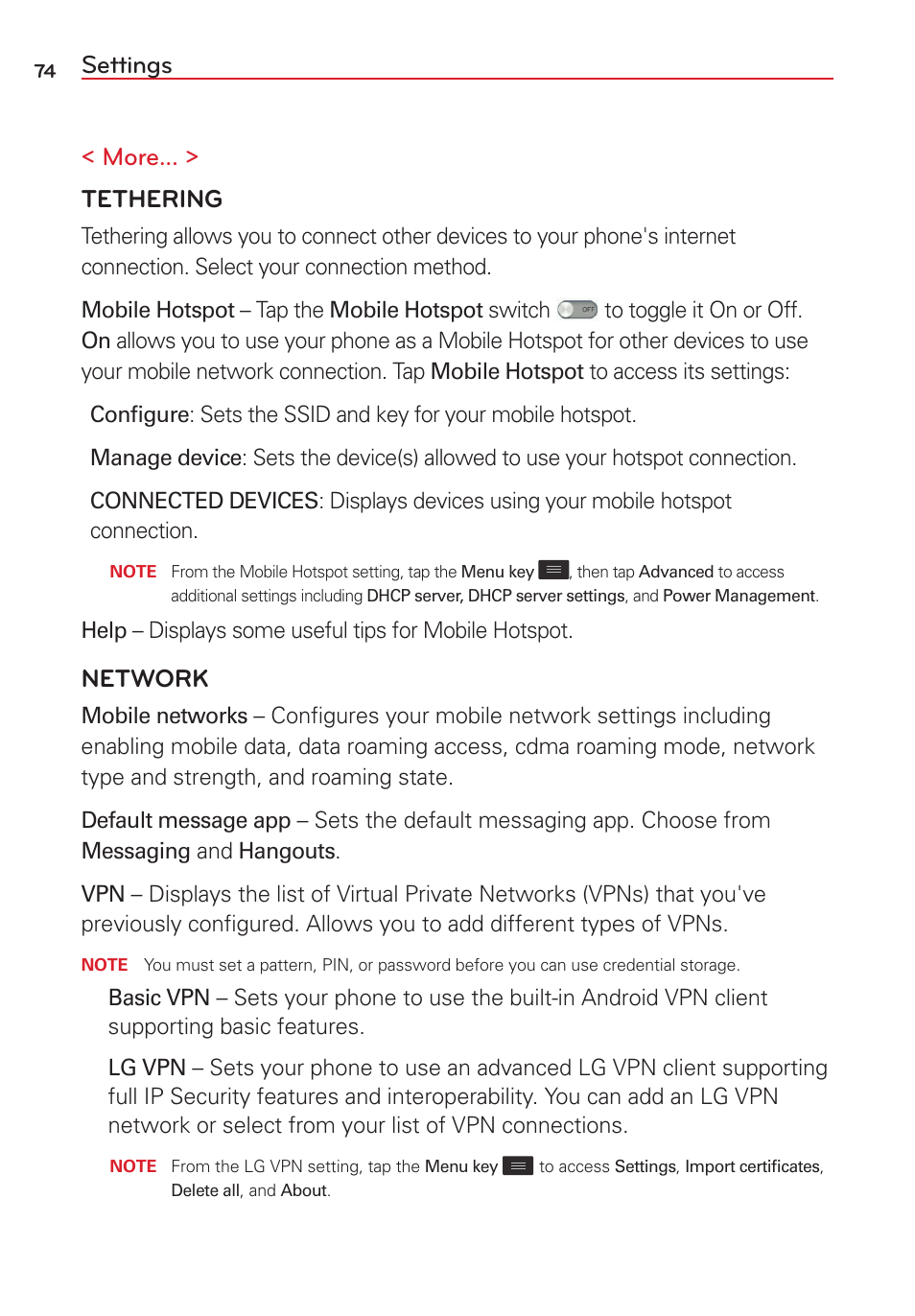 Settings < more... > tethering, Network | LG VS415PP User Manual | Page 76 / 133