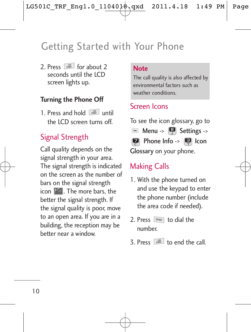 Getting started with your phone, Signal strength, Screen icons | Making calls | LG LG501C User Manual | Page 10 / 104