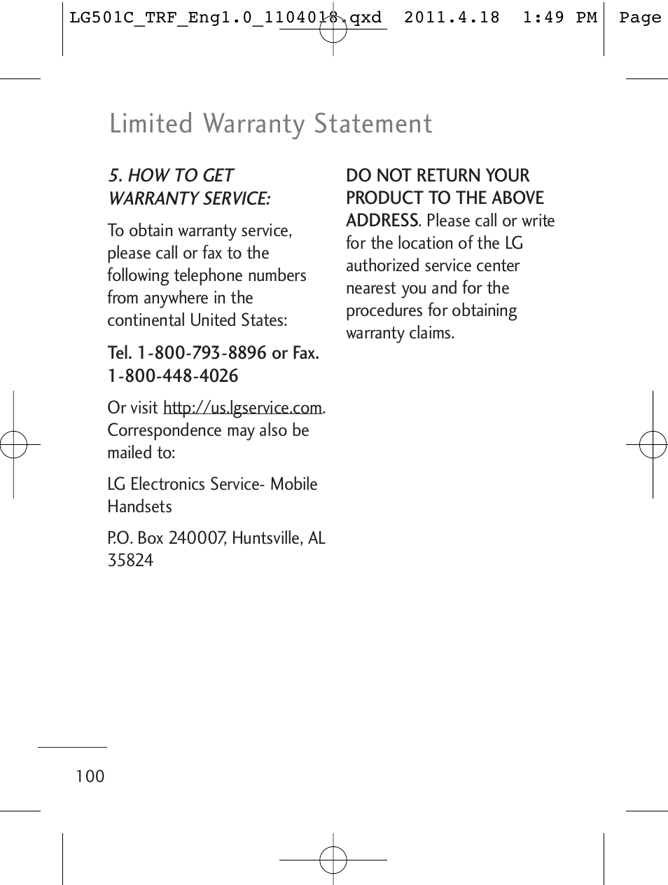 Limited warranty statement | LG LG501C User Manual | Page 100 / 104