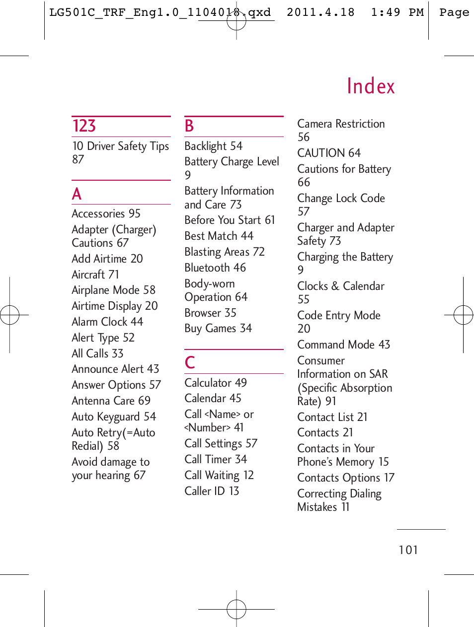 Index | LG LG501C User Manual | Page 101 / 104