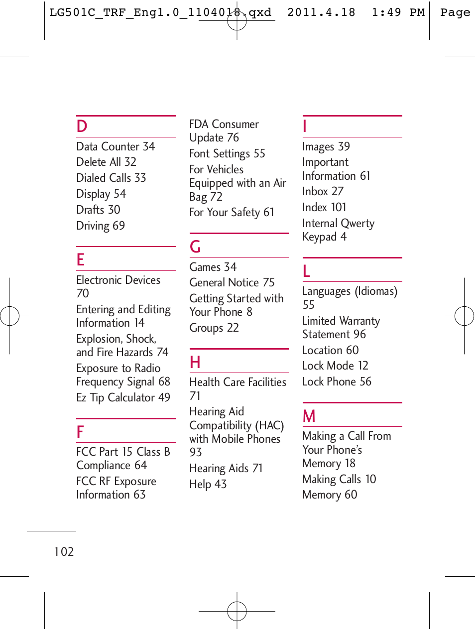 LG LG501C User Manual | Page 102 / 104