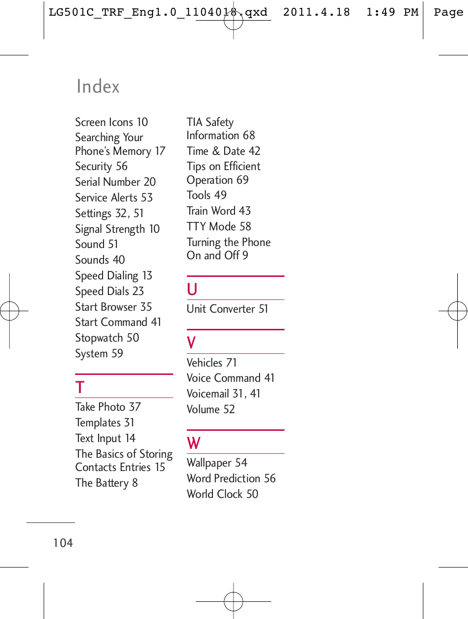 Index | LG LG501C User Manual | Page 104 / 104