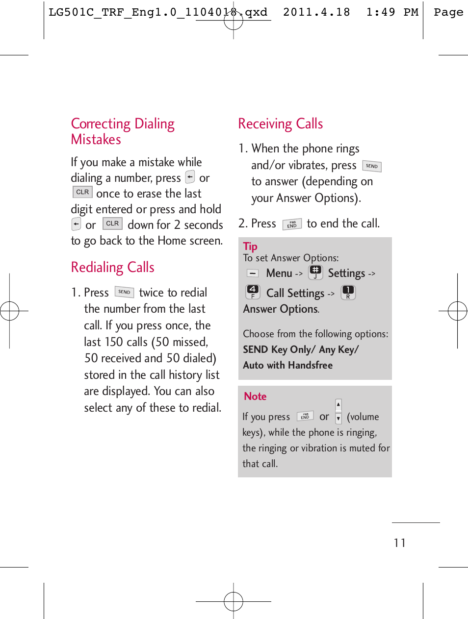 Correcting dialing mistakes, Redialing calls, Receiving calls | LG LG501C User Manual | Page 11 / 104