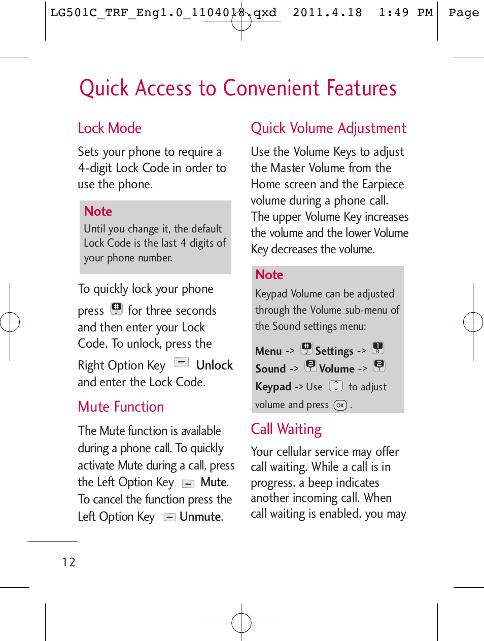 Quick access to convenient features, Lock mode, Mute function | Quick volume adjustment, Call waiting | LG LG501C User Manual | Page 12 / 104