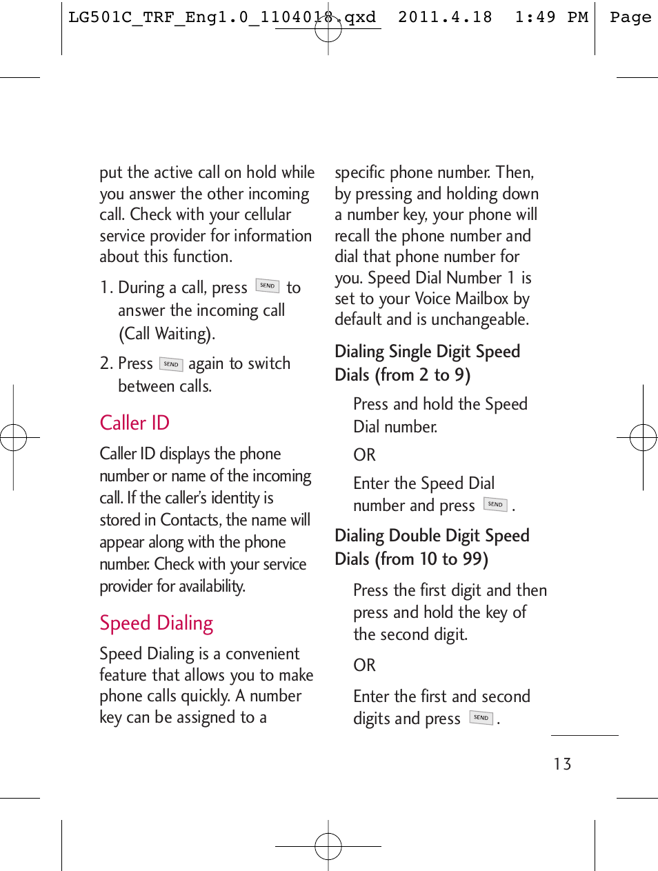 Caller id, Speed dialing | LG LG501C User Manual | Page 13 / 104