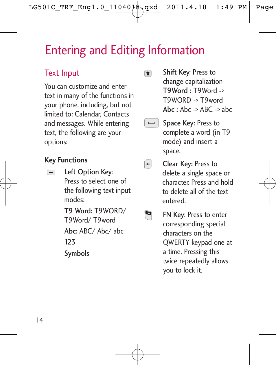 Entering and editing information | LG LG501C User Manual | Page 14 / 104
