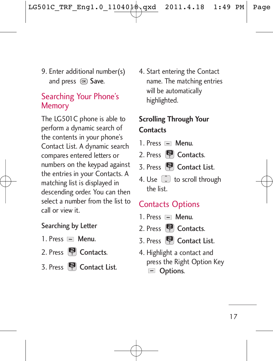 Contacts options | LG LG501C User Manual | Page 17 / 104