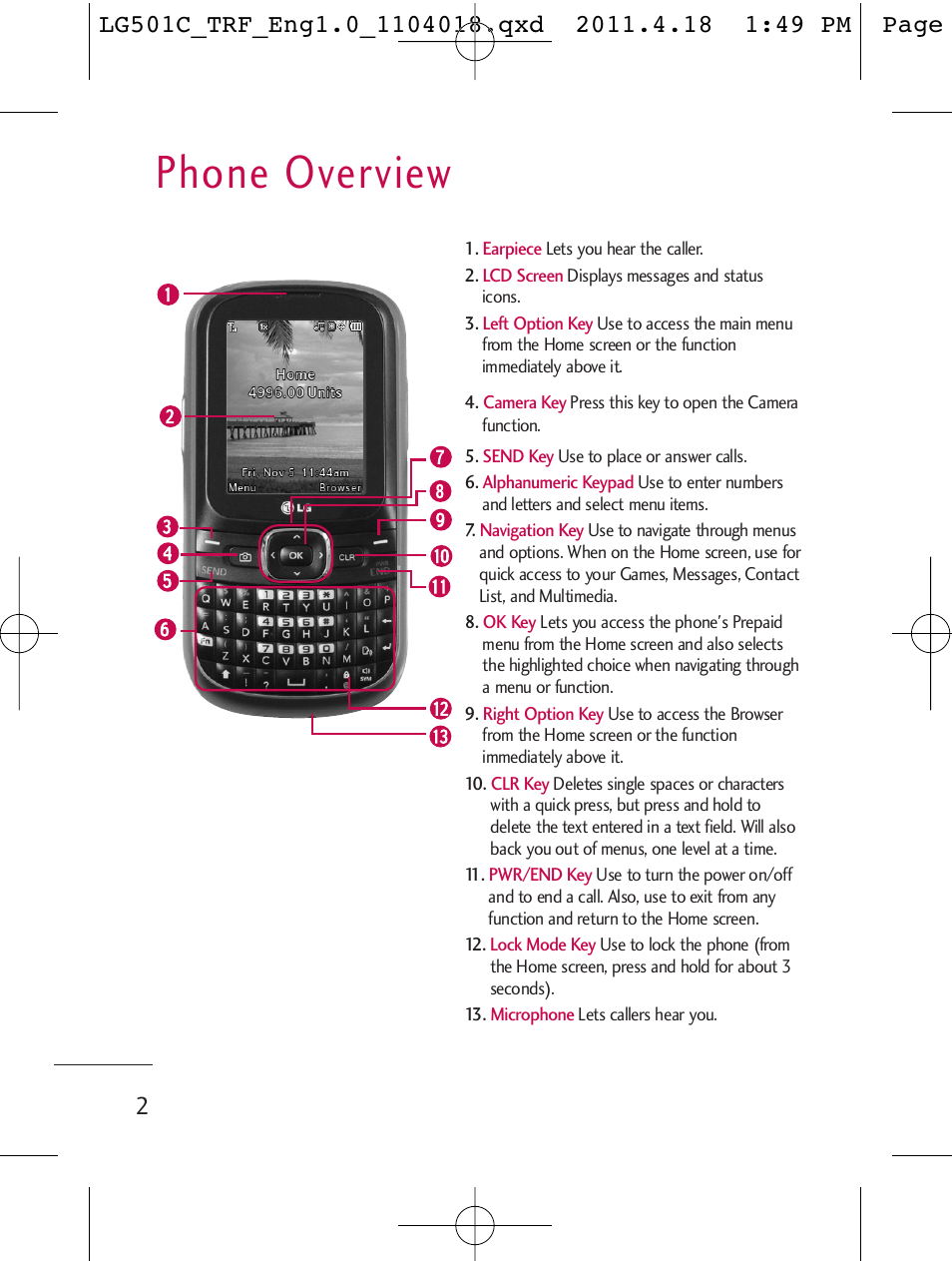 Phone overview | LG LG501C User Manual | Page 2 / 104