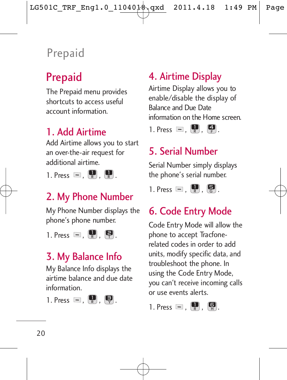Prepaid, Add airtime, My phone number | My balance info, Airtime display, Serial number, Code entry mode | LG LG501C User Manual | Page 20 / 104