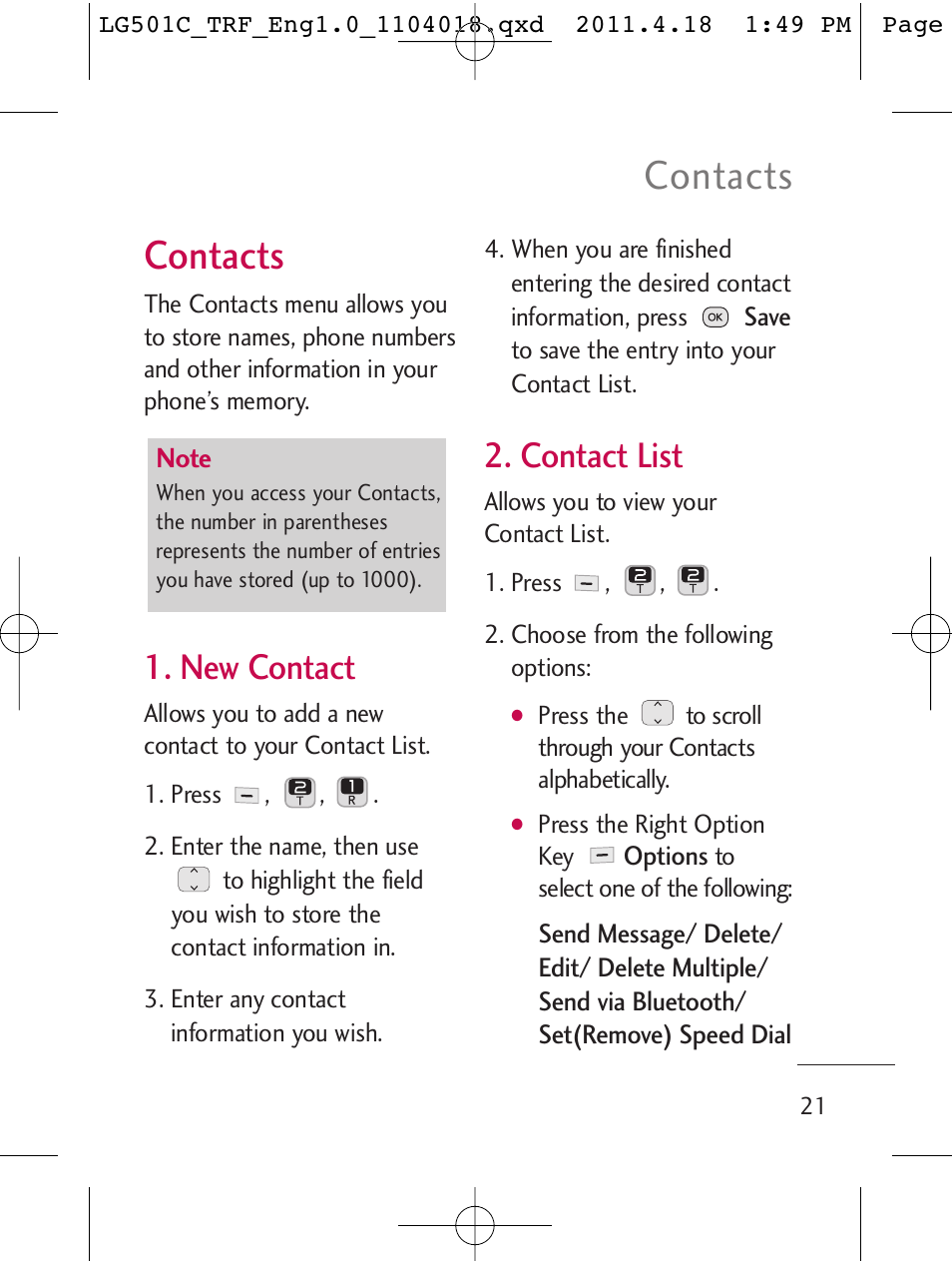 Contacts, New contact, Contact list | LG LG501C User Manual | Page 21 / 104