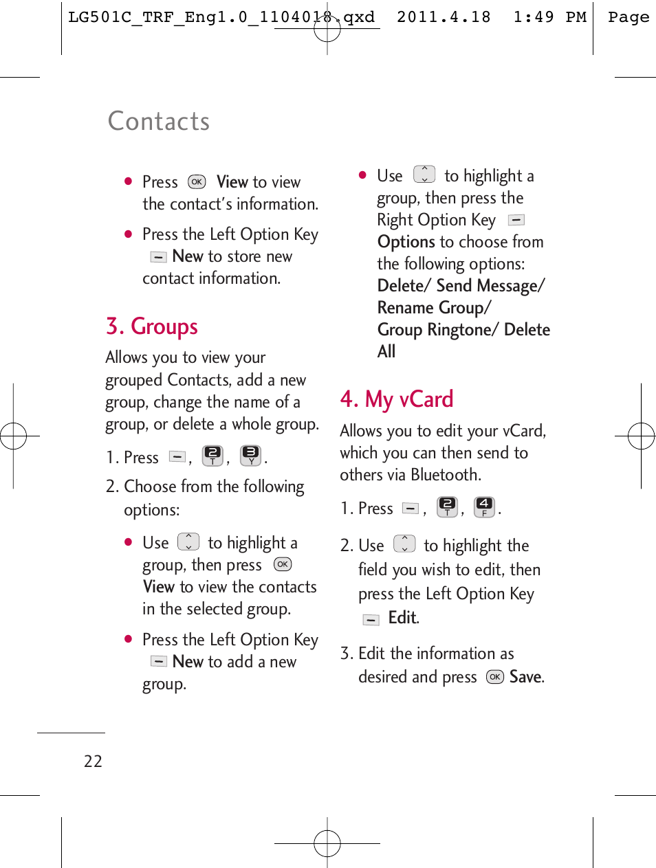 Contacts, Groups, My vcard | LG LG501C User Manual | Page 22 / 104