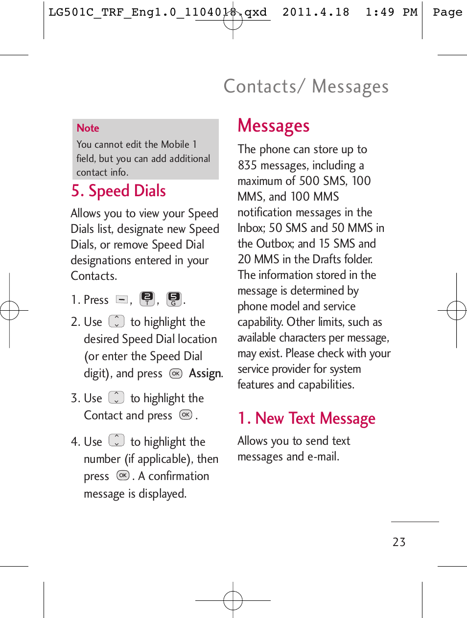 Messages, Contacts/ messages, Speed dials | New text message | LG LG501C User Manual | Page 23 / 104