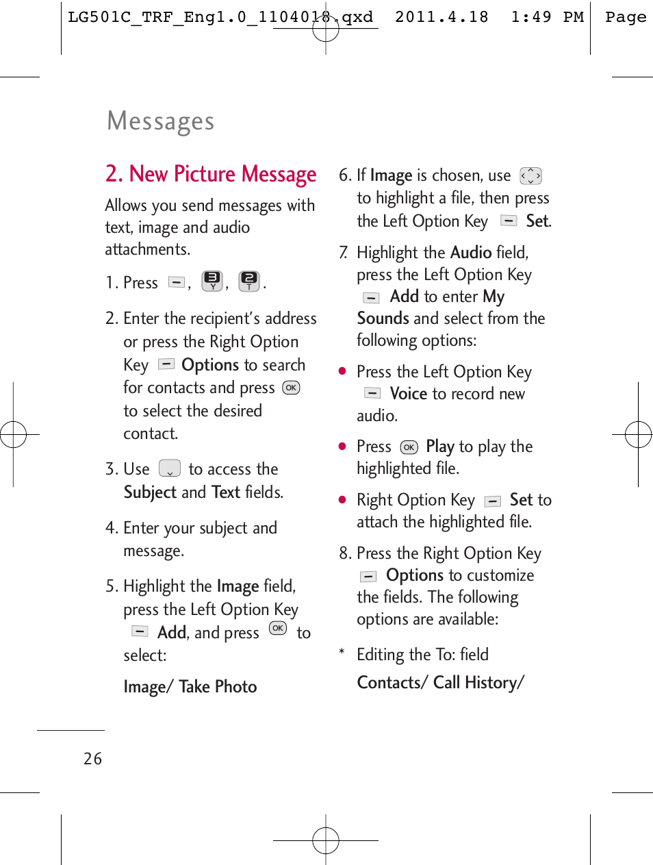 Messages, New picture message | LG LG501C User Manual | Page 26 / 104