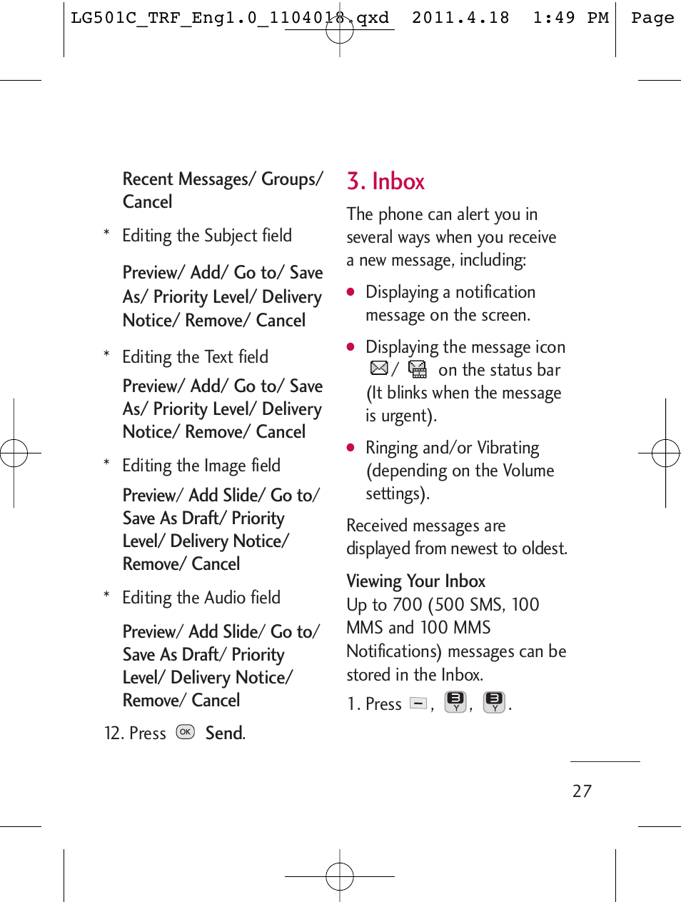 Inbox | LG LG501C User Manual | Page 27 / 104