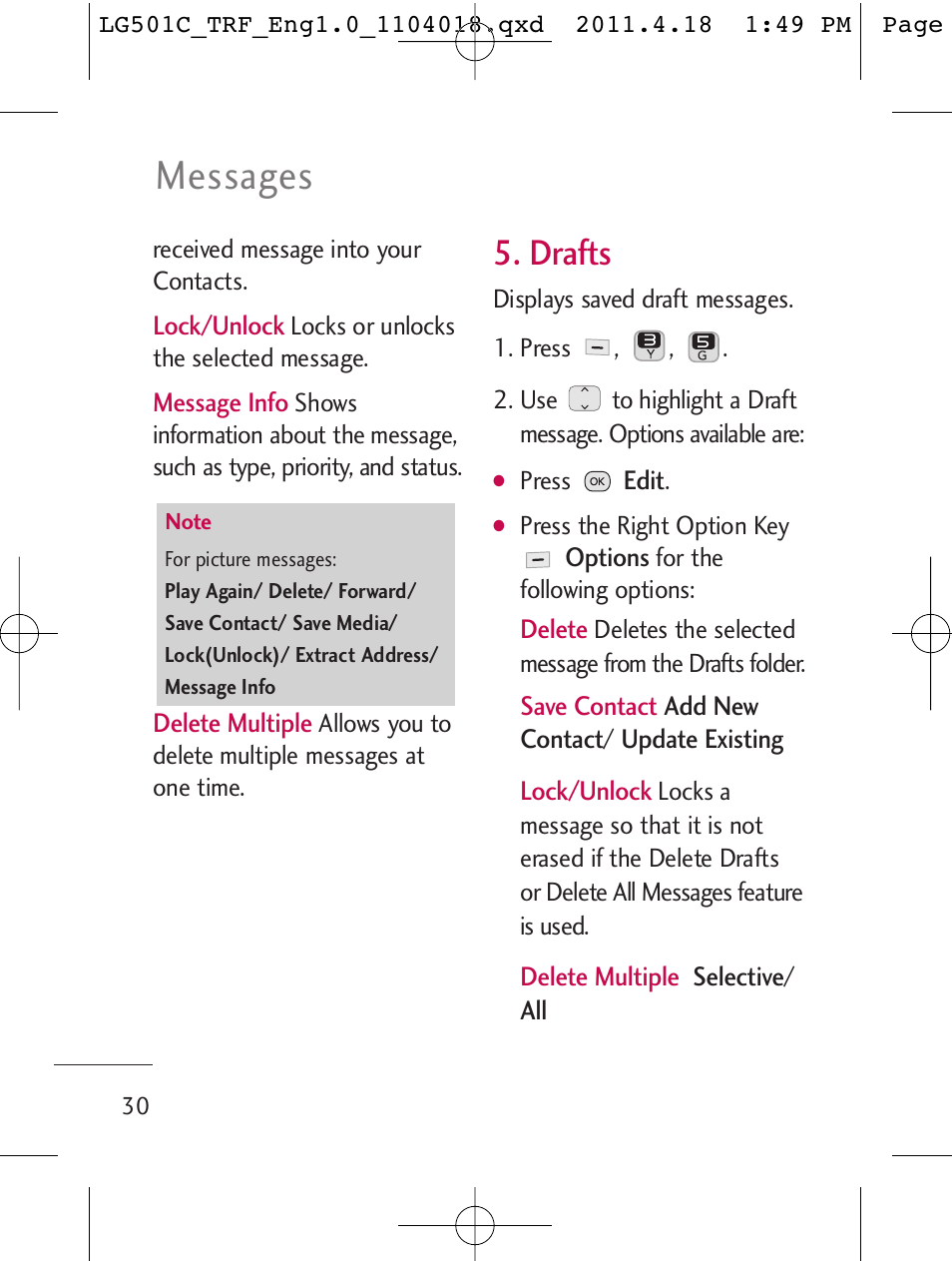 Messages, Drafts | LG LG501C User Manual | Page 30 / 104