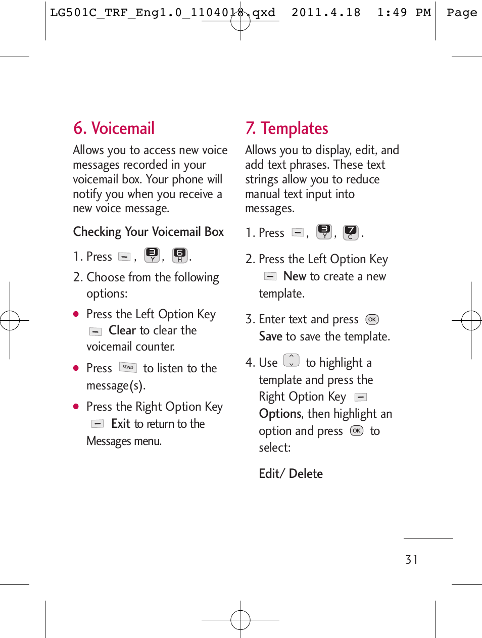 Voicemail, Templates | LG LG501C User Manual | Page 31 / 104